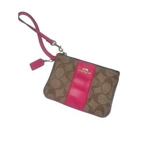 Coach Wristlet Brown & Pink Signature Canvas Zip-Up Small Purse Authentic